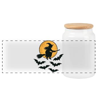 Fliegende Hexe mit Fledermäusen – Halloween Design - Panorama Keksdose mit Holzdeckel - Weiß - Vorne