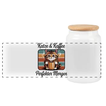Katzenkaffee Retro Kaffeepause - Panorama Keksdose mit Holzdeckel - Weiß - Vorne