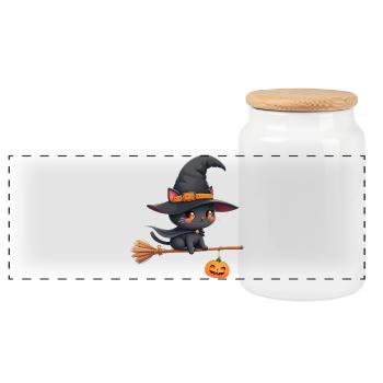Halloween Cat with Halloween Pumpkin - Panoramic Cookie Jar with Wooden Lid - white - Front