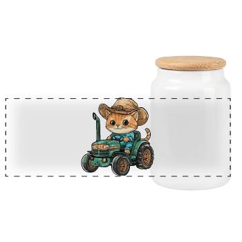 Katze Traktor Farmer - Panorama Keksdose mit Holzdeckel - Weiß - Vorne