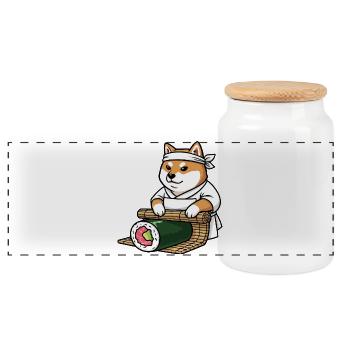 Shiba Inu macht Shusi - Panorama Keksdose mit Holzdeckel - Weiß - Vorne