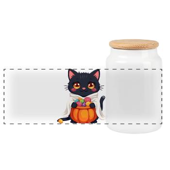 Halloween Cat with Halloween Pumpkin - Panoramic Cookie Jar with Wooden Lid - white - Front