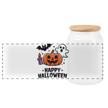 Pumpkin Ghost Bat Halloween - Panoramic Cookie Jar with Wooden Lid - white - Front
