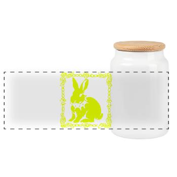 Neon yellow bunny in baroque frame - Panoramic Cookie Jar with Wooden Lid - white - Front