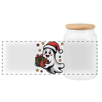 Weihnachtsgeist mit Geschenk - Panorama Keksdose mit Holzdeckel - Weiß - Vorne