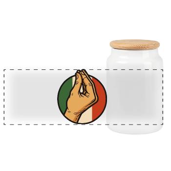 Italian hand – humour, passion and culture 🇮🇹 - Panoramic Cookie Jar with Wooden Lid - white - Front
