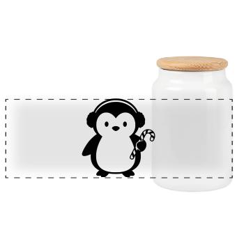 Süßer Pinguin mit Zuckerstange | Weihnachten - Panorama Keksdose mit Holzdeckel - Weiß - Vorne