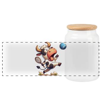 Drôle de vache de tennis avec raquette et balle - Boîte à biscuits avec couvercle en bois - blanc - Devant
