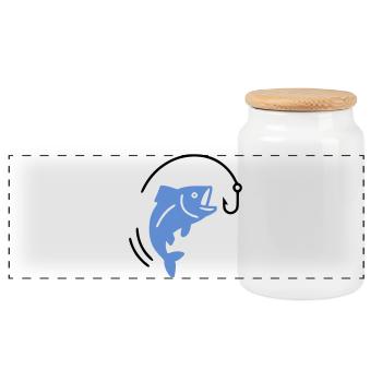 Fishing fish on hook logo - Panoramic Cookie Jar with Wooden Lid - white - Front