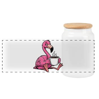 Cute Cartoon Flamingo Coffee Morning Grouch Office On - Panoramic Cookie Jar with Wooden Lid - white - Front