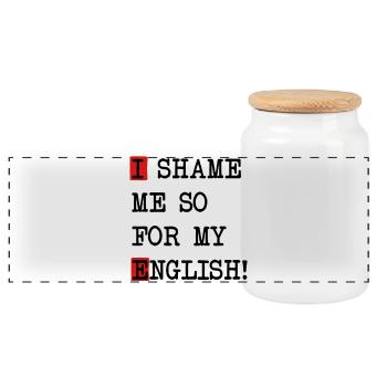English Shame – Denglish saying with self-irony - Panoramic Cookie Jar with Wooden Lid - white - Front