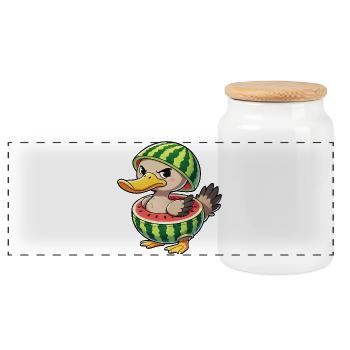 Grumpy duck with watermelon summer design - Panoramic Cookie Jar with Wooden Lid - white - Front