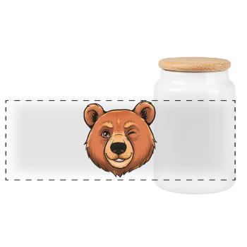 Winking Bear Cartoon - Panoramic Cookie Jar with Wooden Lid - white - Front