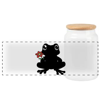 Frosch mit Blume- Schattenbild, Silhouette schwarz - Panorama Keksdose mit Holzdeckel - Weiß - Vorne