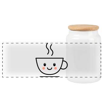 Café, thé ou tasse de cacao avec un visage kawaii - Boîte à biscuits avec couvercle en bois - blanc - Devant