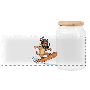 Lustiger Snowboard Hund mit Mütze - Panorama Keksdose mit Holzdeckel - Weiß - Vorne