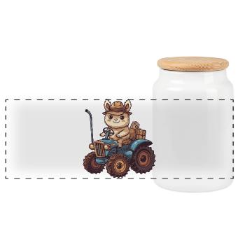 Alpaca Llama Tractor Farmer - Panoramic Cookie Jar with Wooden Lid - white - Front