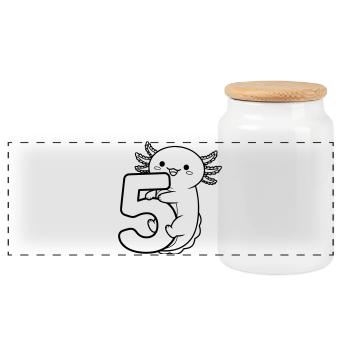 Axolotl hugging the number 5 cartoon illustration - Panoramic Cookie Jar with Wooden Lid - white - Front