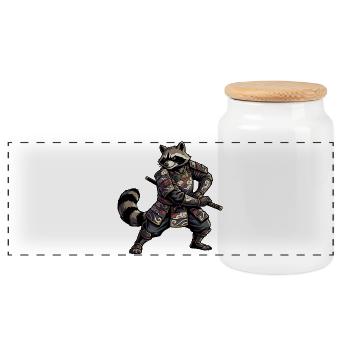 Raccoon Samurai with Katana - Panoramic Cookie Jar with Wooden Lid - white - Front