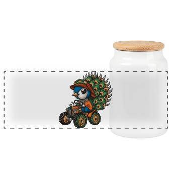 Peacock Bird Tractor Farmer - Panoramic Cookie Jar with Wooden Lid - white - Front