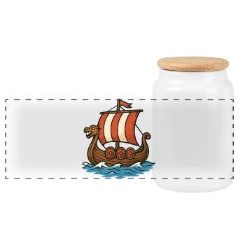 Viking boat with red sail - Panoramic Cookie Jar with Wooden Lid - white - Front
