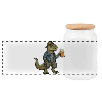 Dino Biertrinker im Denim - Panorama Keksdose mit Holzdeckel - Weiß - Vorne