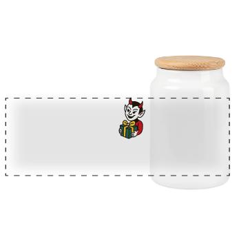 Frecher Teufel mit Geschenk Cartoon Motiv - Panorama Keksdose mit Holzdeckel - Weiß - Vorne