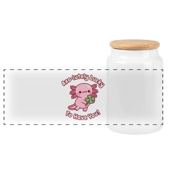 Cute Axolotl Clover Axo-lutely Lucky To Have You - Panoramic Cookie Jar with Wooden Lid - white - Front