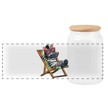 Zebra relaxing in deck chair with colorful stripes - Panoramic Cookie Jar with Wooden Lid - white - Front