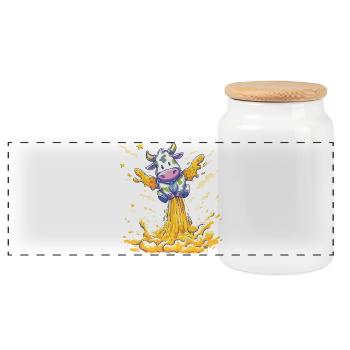 Cow rocket launch in milk stream - Panoramic Cookie Jar with Wooden Lid - white - Front