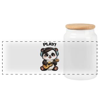 Panda guitarist with headphones - Panoramic Cookie Jar with Wooden Lid - white - Front