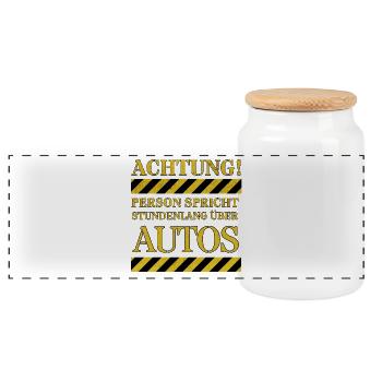 Attention: Person talks about cars for hours - Panoramic Cookie Jar with Wooden Lid - white - Front
