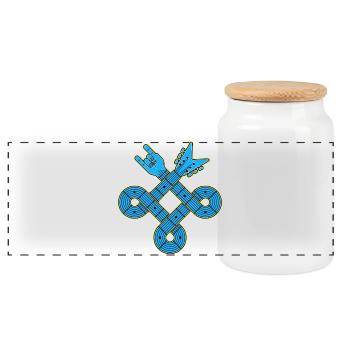 Neonblauer Gitarrenknoten-Emblem - Panorama Keksdose mit Holzdeckel - Weiß - Vorne