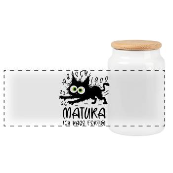 Matura 2026 Ich habe fertig Katze - Panorama Keksdose mit Holzdeckel - Weiß - Vorne