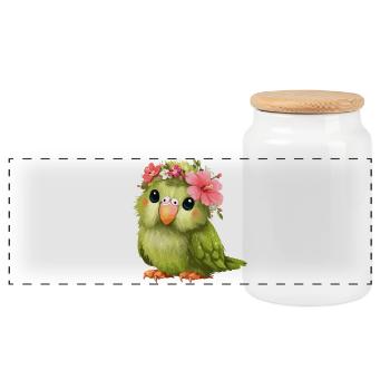Flower wreath parrot - Panoramic Cookie Jar with Wooden Lid - white - Front