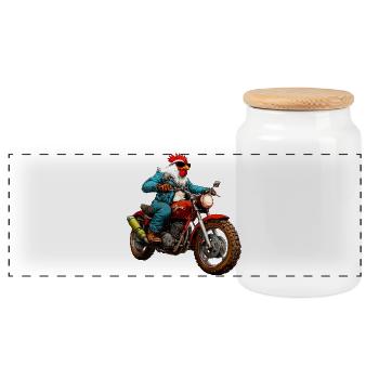 Motorcycle Chickens - Panoramic Cookie Jar with Wooden Lid - white - Front