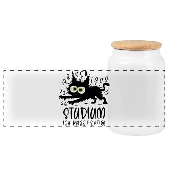Studies 2026 I'm done! Cat - Panoramic Cookie Jar with Wooden Lid - white - Front
