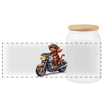 Bunter Affe auf Motorrad - Panorama Keksdose mit Holzdeckel - Weiß - Vorne