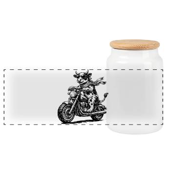 Kuh Biker auf Motorrad - Panorama Keksdose mit Holzdeckel - Weiß - Vorne