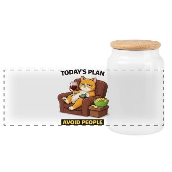 Today's Plan Avoid People Cat - Panoramic Cookie Jar with Wooden Lid - white - Front
