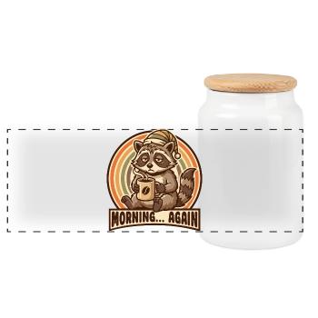 Morning grouch raccoon with coffee - Panoramic Cookie Jar with Wooden Lid - white - Front