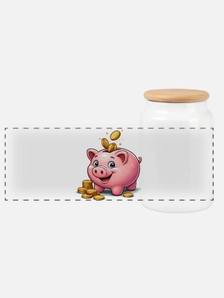Piggy Bank Lucky Gold - Panoramic Cookie Jar with Wooden Lid - white