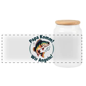 Papa Komm Wir Angeln Fischmotiv - Panorama Keksdose mit Holzdeckel - Weiß - Vorne