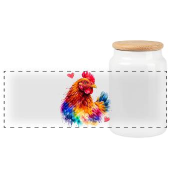 Rainbow Rooster Watercolor - Panoramic Cookie Jar with Wooden Lid - white - Front