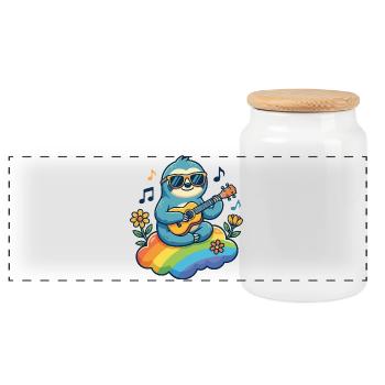 Hippie sloth with guitar on rainbow cloud - Panoramic Cookie Jar with Wooden Lid - white - Front