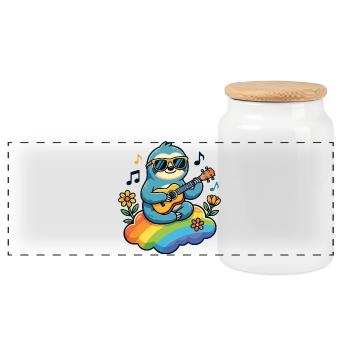 Faultier mit Gitarre auf Regenbogenwolke Hippie - Panorama Keksdose mit Holzdeckel - Weiß - Vorne