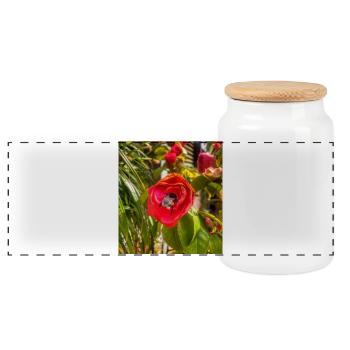 Pink rose and bee in sunny garden - Panoramic Cookie Jar with Wooden Lid - white - Front