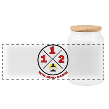 112-Wir sind dabei Kreislogo mit Text - Feuerwehr - Panorama Keksdose mit Holzdeckel - Weiß - Vorne