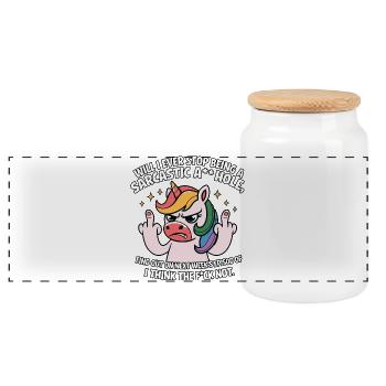 Provocative unicorn with middle finger sarcasm - Panoramic Cookie Jar with Wooden Lid - white - Front