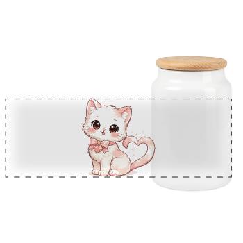 Chat pastel avec un nœud en forme de cœur - Boîte à biscuits avec couvercle en bois - blanc - Devant